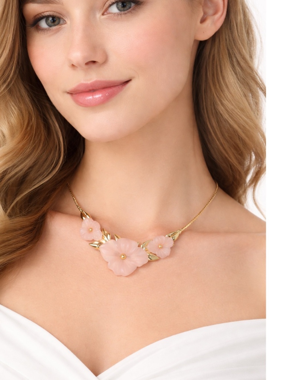 Vintage feminine blush pink and gold floral necklace